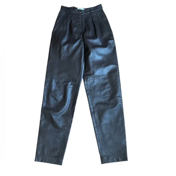 Melanzona High-Waisted Pleated Genuine Leather Trousers in Dark Brown Sz 4